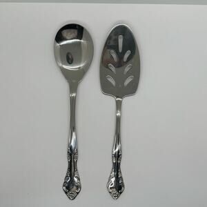 Estia Stainless Serving Set Large Spoon Pierced Spatula Pie Server Floral Motif